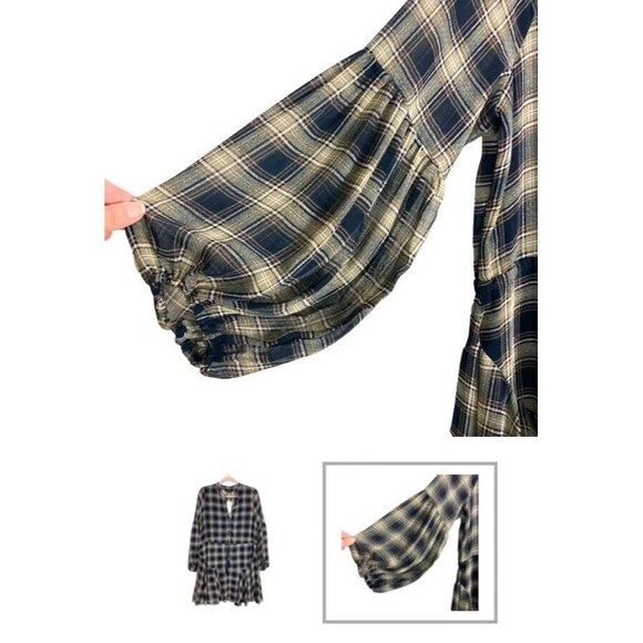 Aakaa Navy Mocha Plaid Peasant Sleeve Drawstring Lightweight Short Dress Size S - Picture 2 of 3